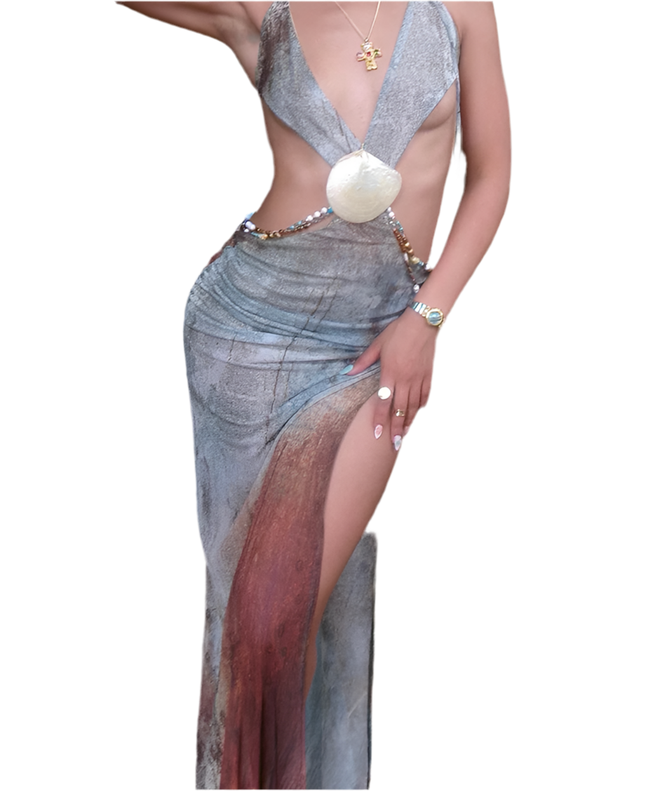 Deep V-Neck Backless Pearl Shells Halter Dress VestiVogue