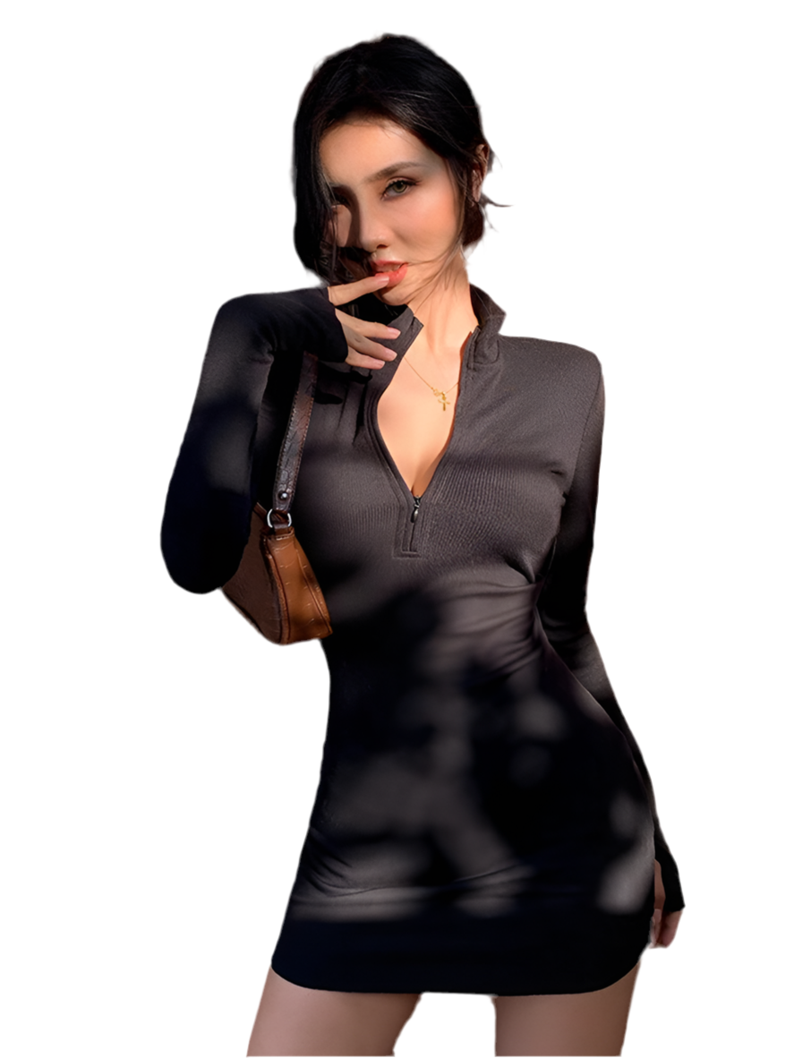 Black Bodycon Turtleneck Ribbed Mini Dress VestiVogue