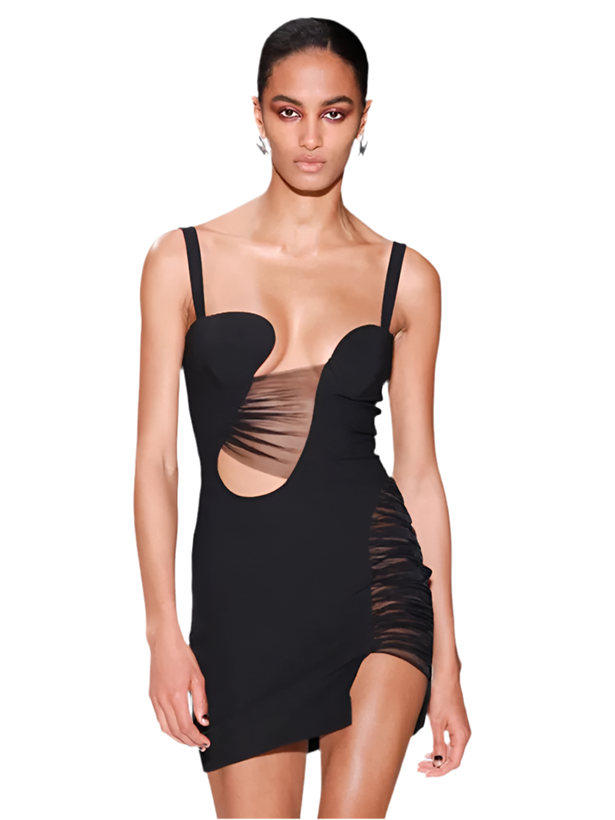 V Neck Backless Mesh Black Mini Dress VestiVogue