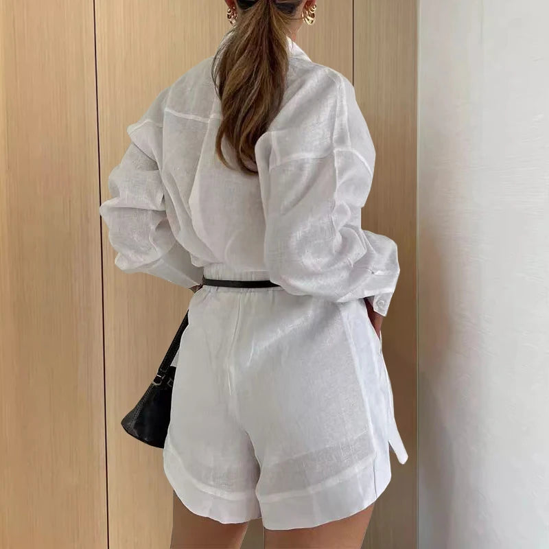 Chic Long Sleeve Two-Piece Set with Button Detailing and Pocketed Shorts VestiVogue
