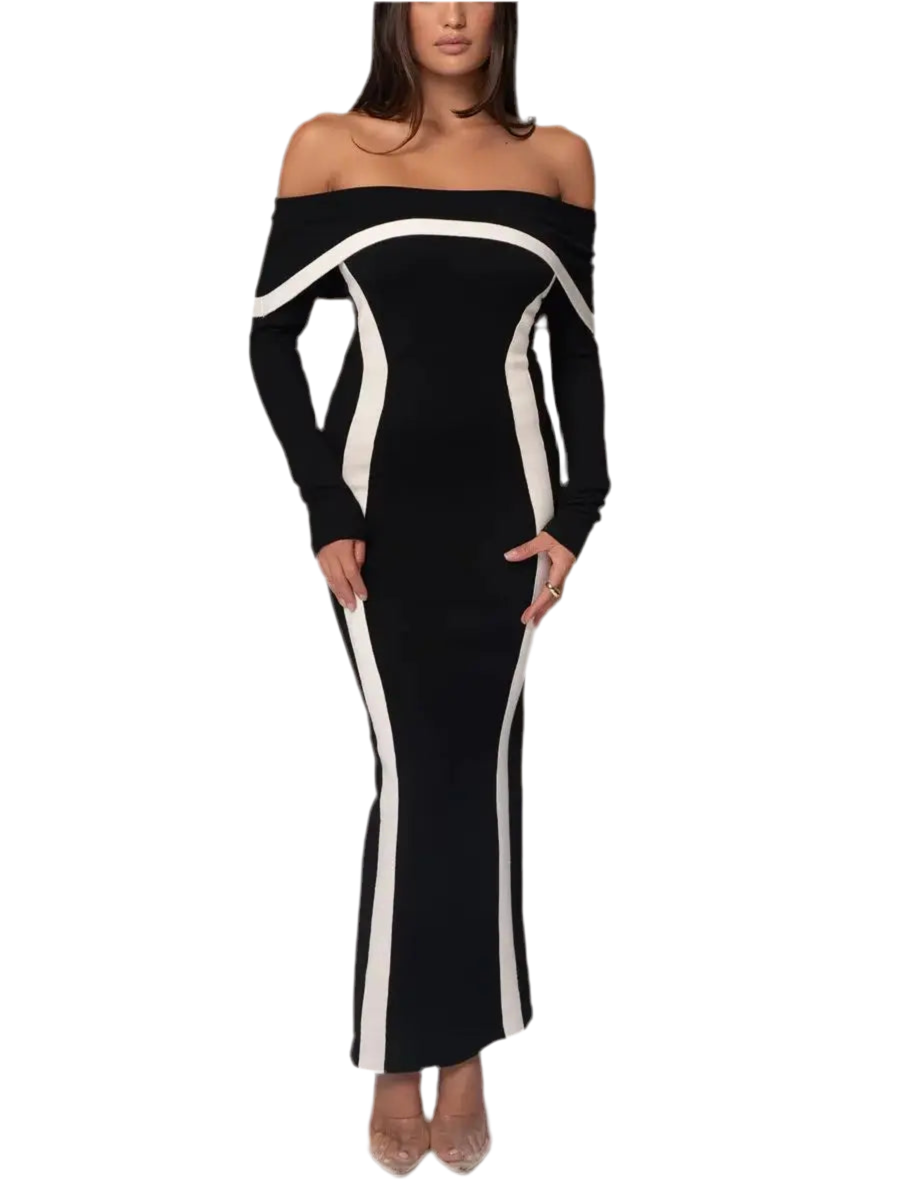 Luxury Off Shoulder Khaki Black Long Gown VestiVogue