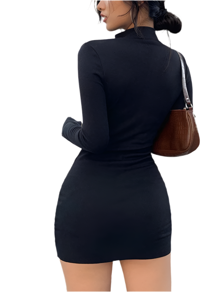Black Bodycon Turtleneck Ribbed Mini Dress VestiVogue