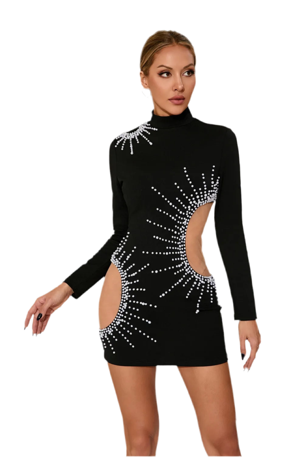 Black Turtleneck Pearl Embroidery Dress VestiVogue