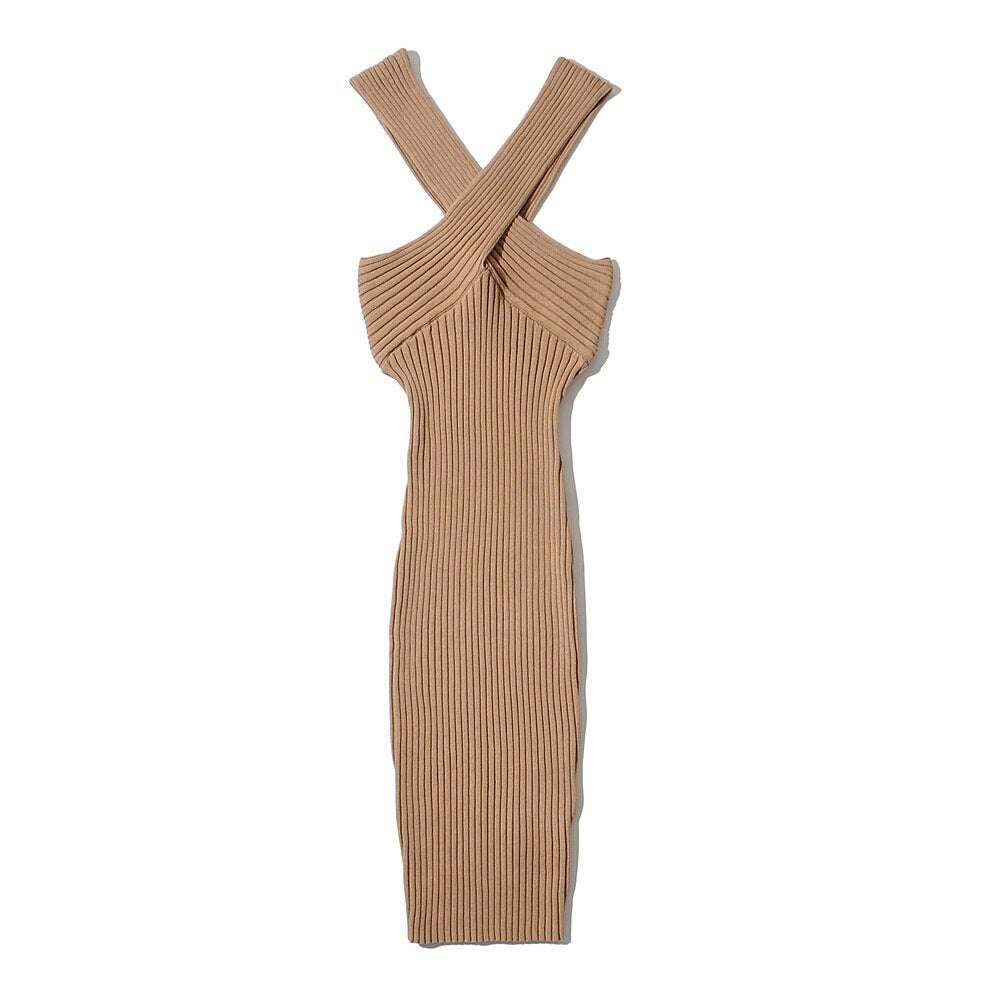 Knitted bodycon dress Chic Gym Wear Khaki One Size