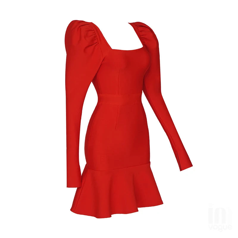 Elegant Black Long Sleeve Square Collar Bodycon Mini Dress VestiVogue