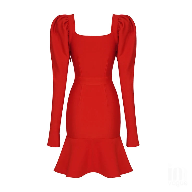 Elegant Black Long Sleeve Square Collar Bodycon Mini Dress VestiVogue