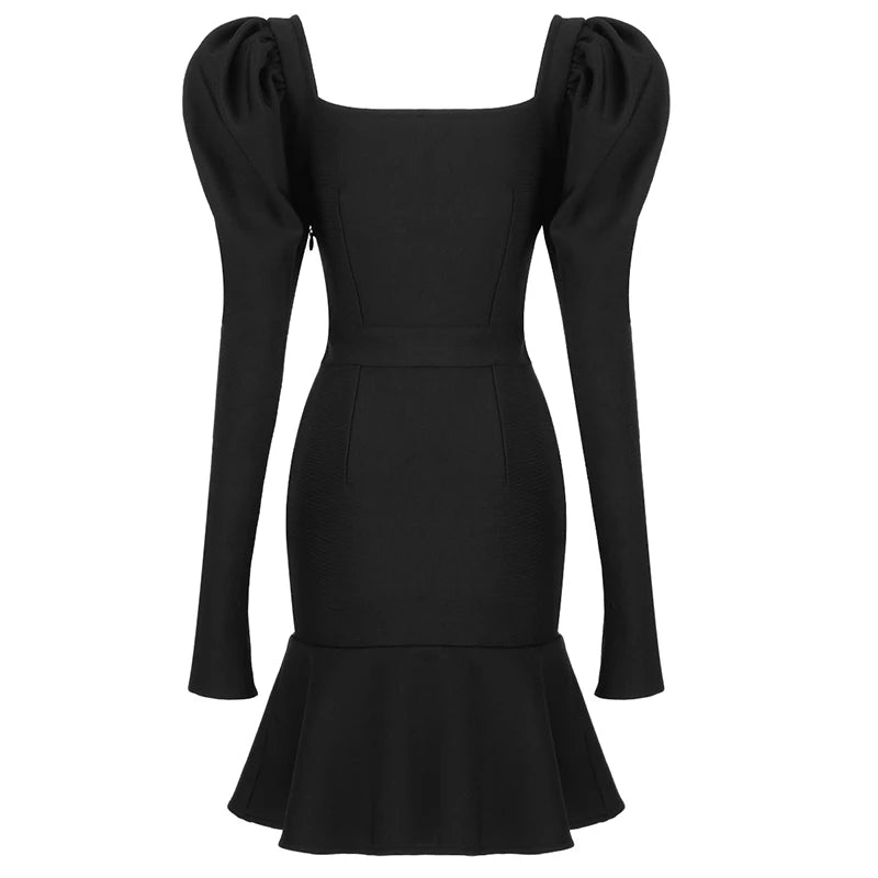 Elegant Black Long Sleeve Square Collar Bodycon Mini Dress VestiVogue