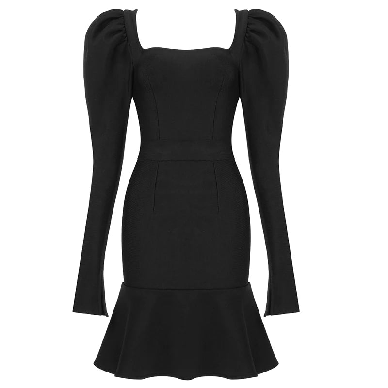 Elegant Black Long Sleeve Square Collar Bodycon Mini Dress VestiVogue black M