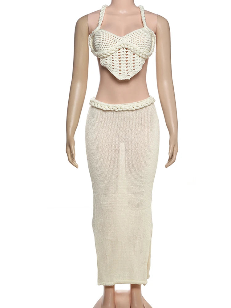 Crochet Backless Halter Top and Maxi Skirt Set VestiVogue