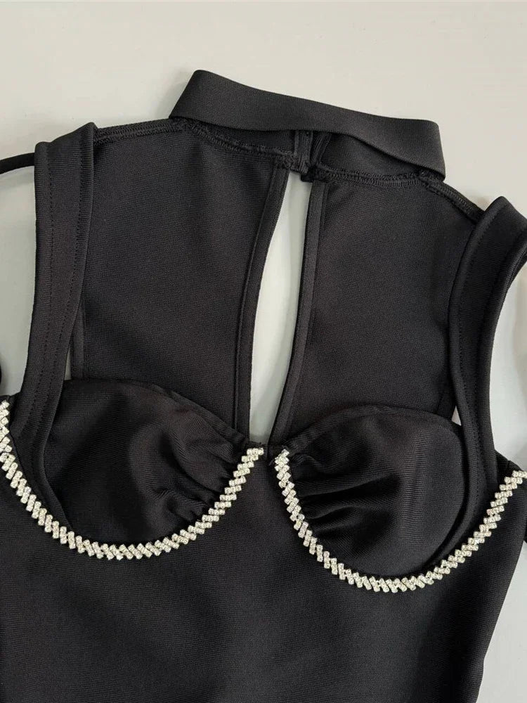 Halter Midi Bandage Dress with Mesh Sleeves and Hollow Out Design VestiVogue