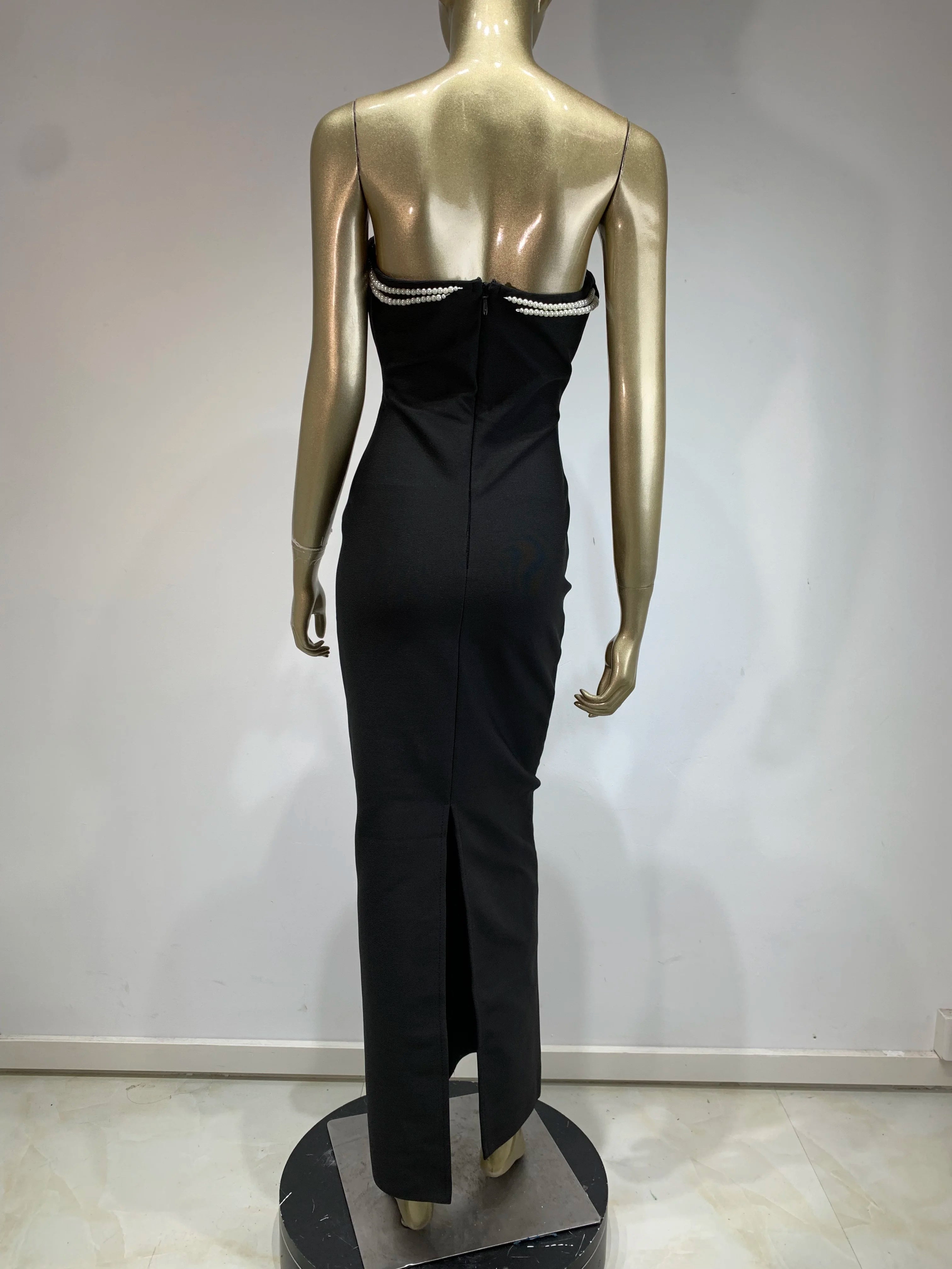 Strapless Backless Pearl Black Maxi Bodycon Dress VestiVogue