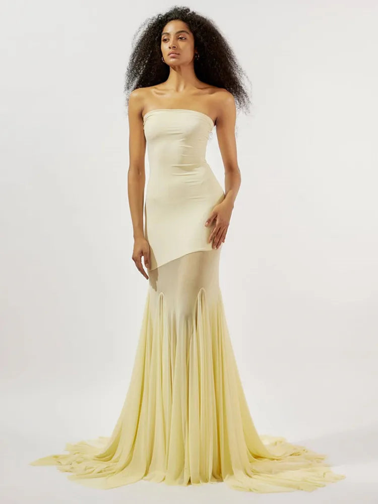 Chic Strapless Yellow Mesh Maxi Gown VestiVogue