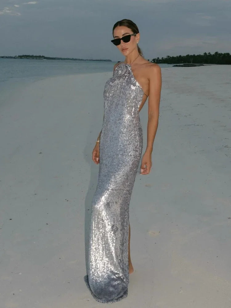 Alluring Floral Sequin Backless Maxi Dress VestiVogue