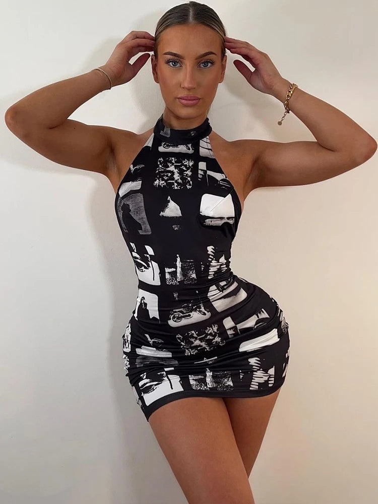 Backless Halter Bodycon Mini Dress - Versatile Vintage Print VestiVogue black S
