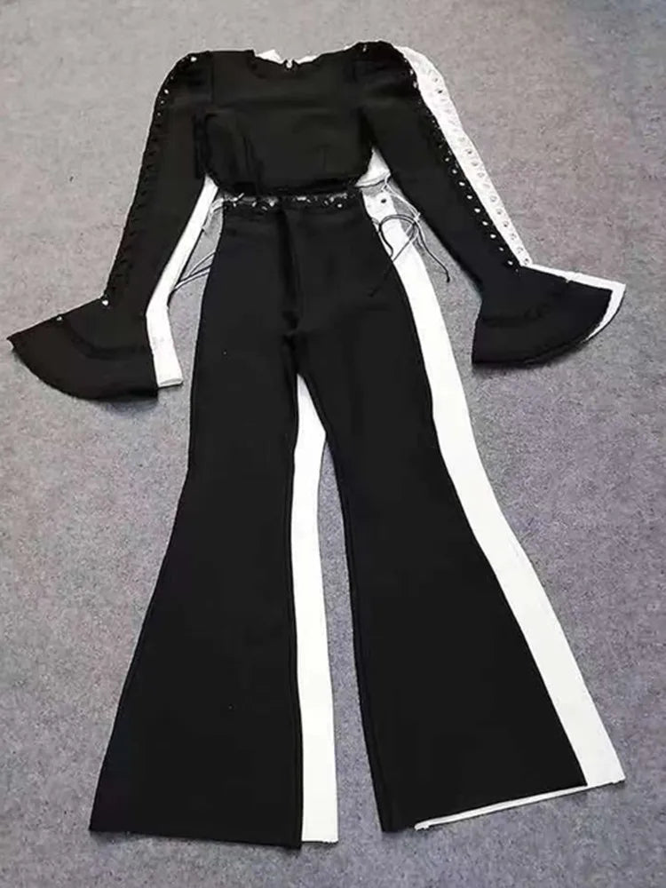 Chic Long Sleeve Flare Two-Piece Bandage Set in Classic Black and White VestiVogue