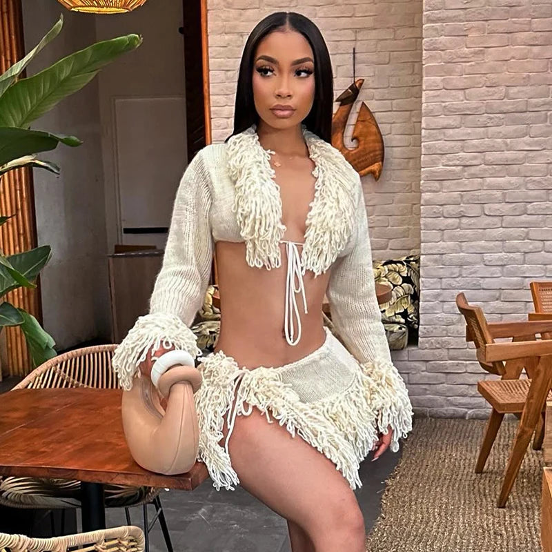 Chic Knit Tie Cardigan and Mini Skirt Set VestiVogue APRICOT S