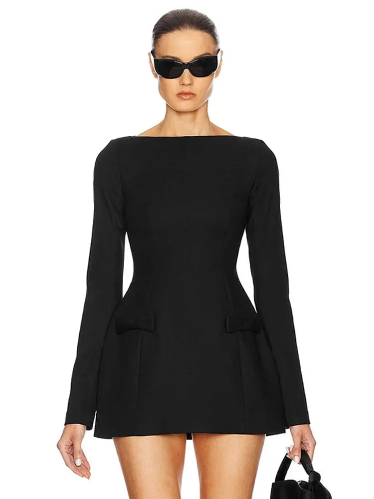 Bows Splice Long Sleeve Mini Dress VestiVogue Black M