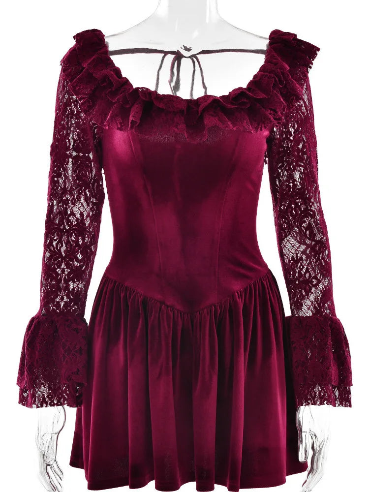 Lace Elegance Long Sleeve Mini Dress VestiVogue Claret L