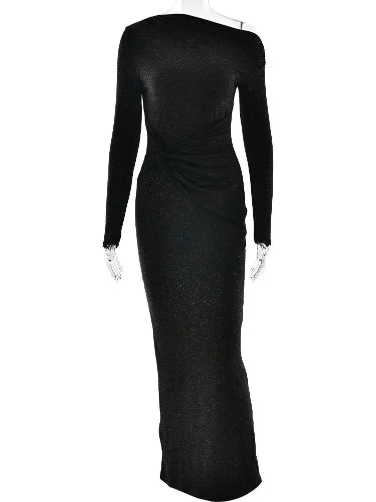 Backless Sparkle Maxi Dress with Inclined Shoulder VestiVogue