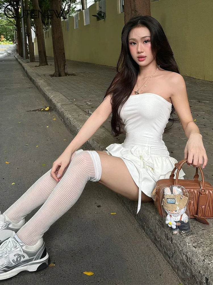 Chic Bow Detail Mini Dress with Double Ruffle Hem