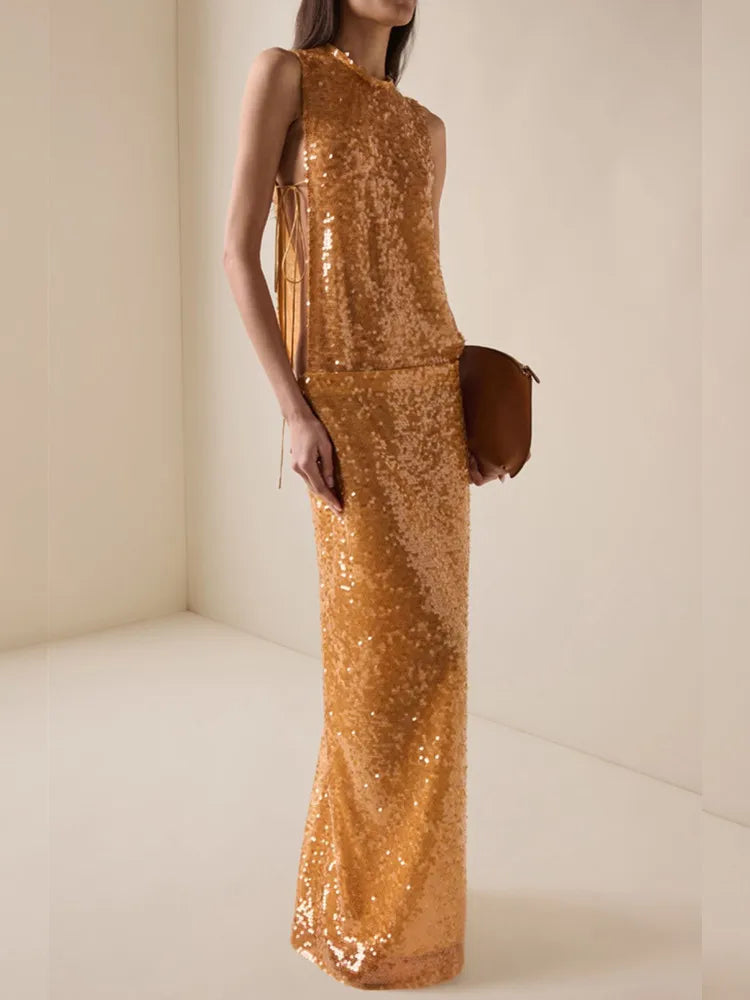 Elegant Orange Mesh Sequin Maxi Skirt Set VestiVogue