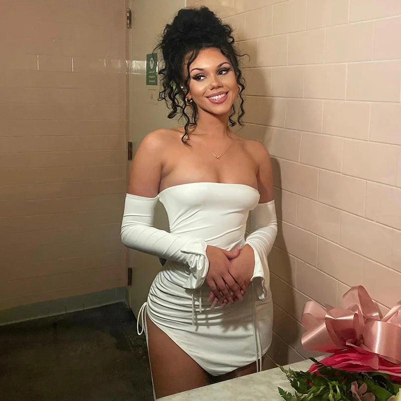 Sheer Elegance Off-Shoulder Mini Dress VestiVogue