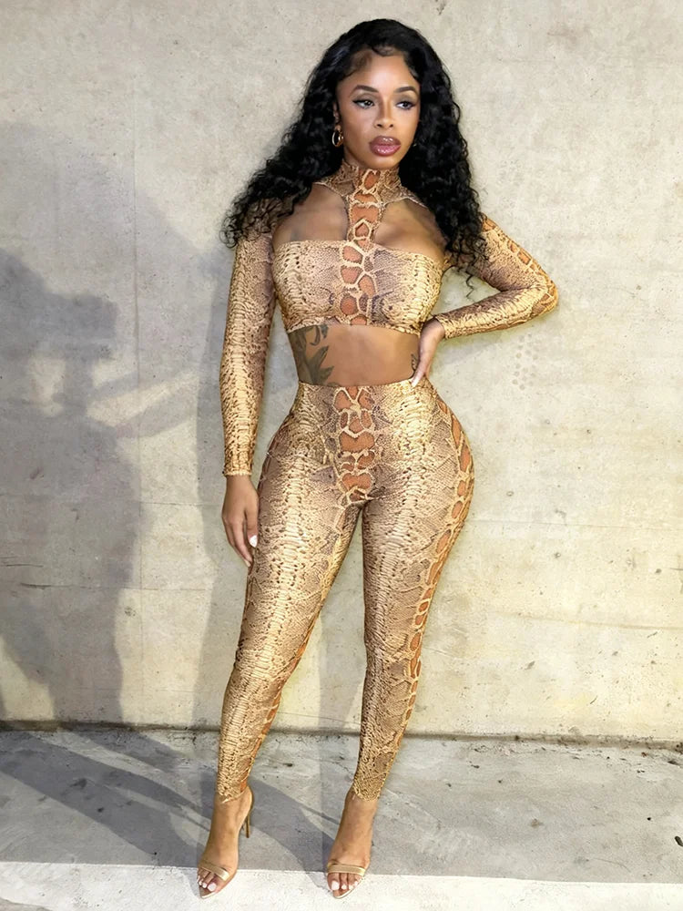 Backless Snake Print Crop Top & Leggings Set VestiVogue Brown M