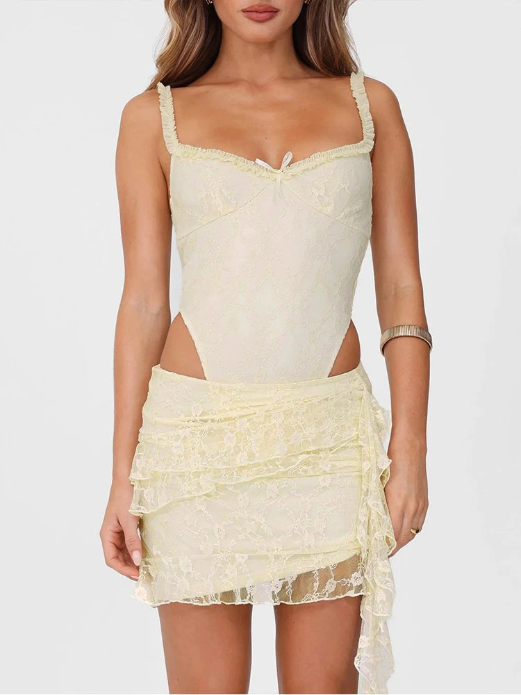Lace Trim Bodysuit & Asymmetrical Mini Skirt Set VestiVogue