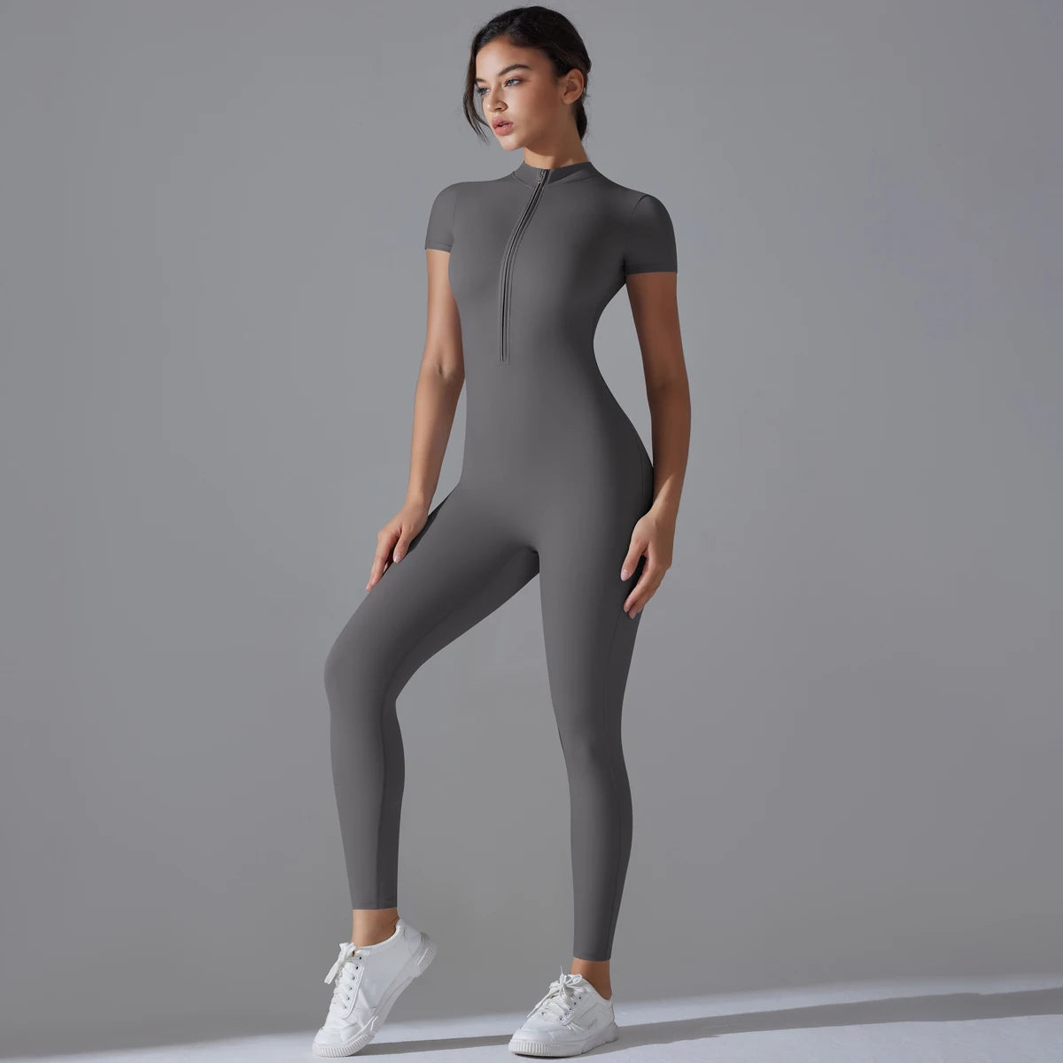 Women's Zipper Bodysuit Fitness Jumpsuit VestiVogue XL Dark Grey