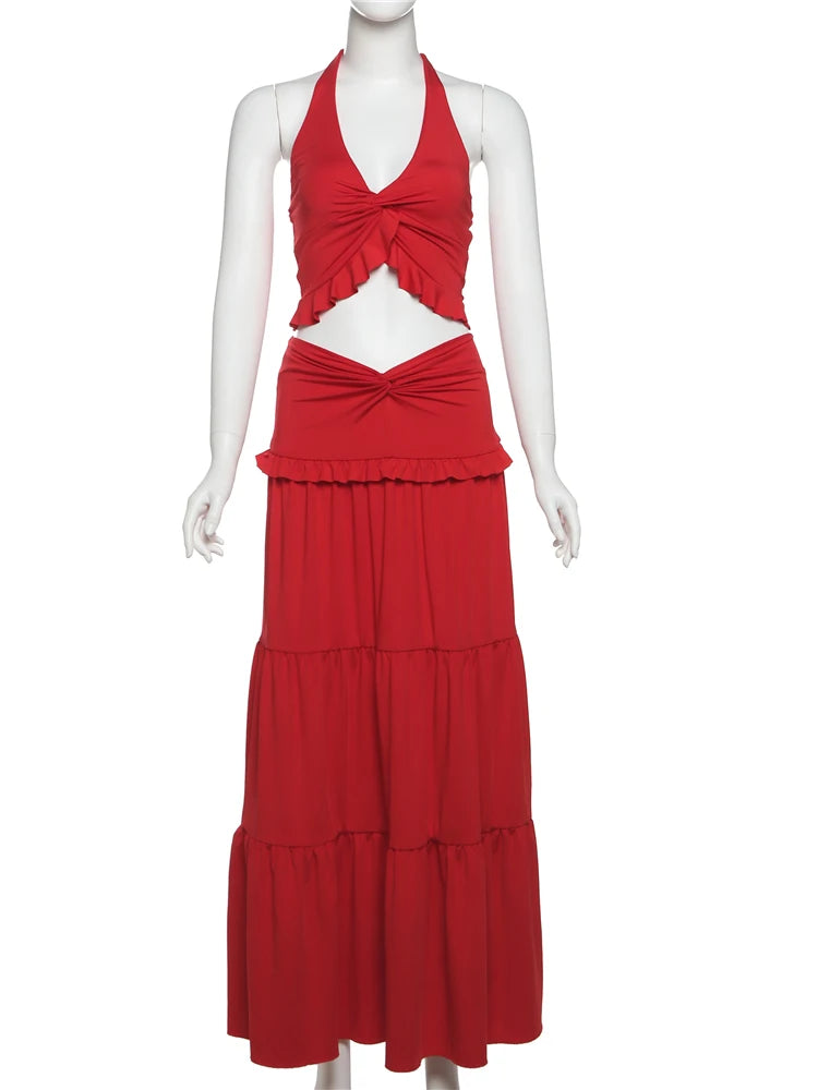 Chic Halter Ruffle Trim Two-Piece Summer Set VestiVogue Claret S