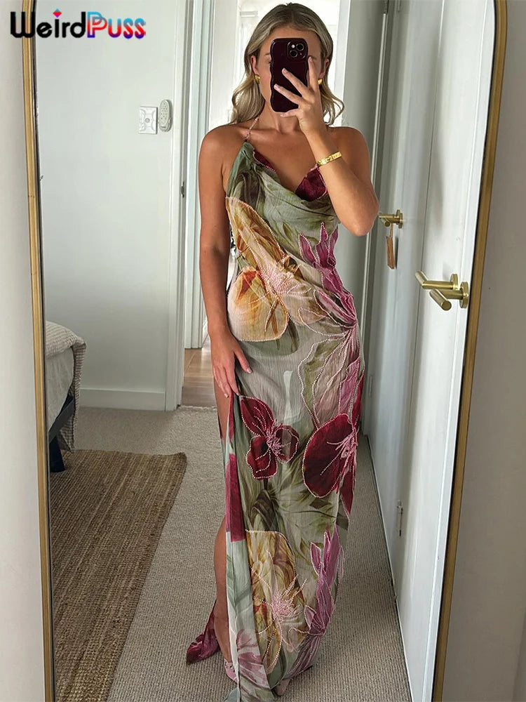 Floral Print Asymmetrical Halter Dress VestiVogue CR L