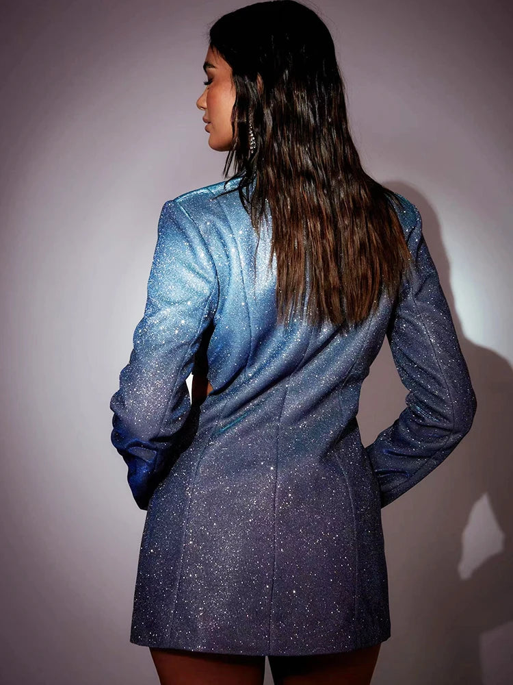 Shiny Blue Hollow Out Blazer Dress VestiVogue