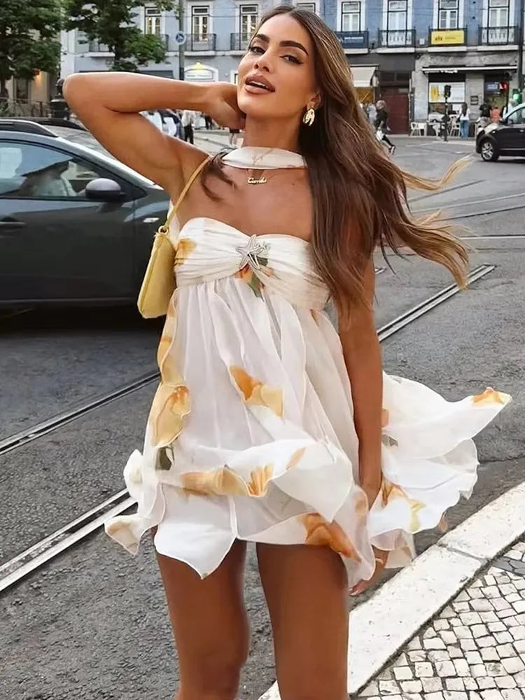 Halter Neck Backless Ruffle Mini Dress VestiVogue