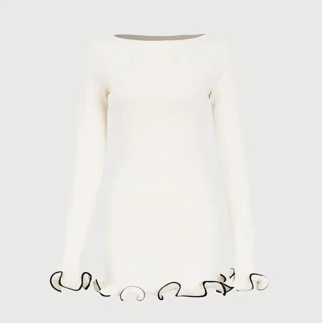 Fungus Contrast Knitted Mini Dress for Women VestiVogue Mini White L