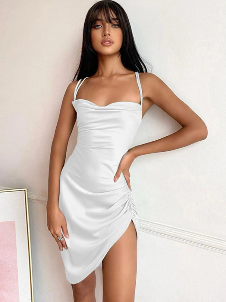 Satin Backless Bodycon Dress with Spaghetti Straps VestiVogue white S