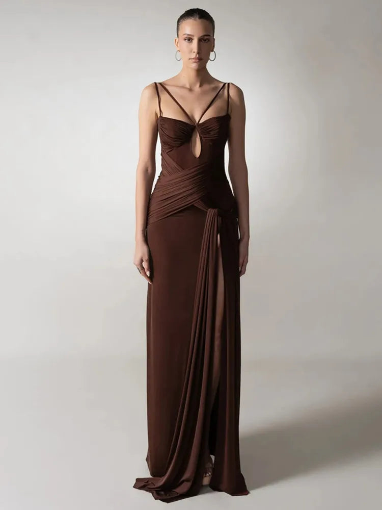 Elegant Brown Ruched Bodycon Maxi Gown VestiVogue