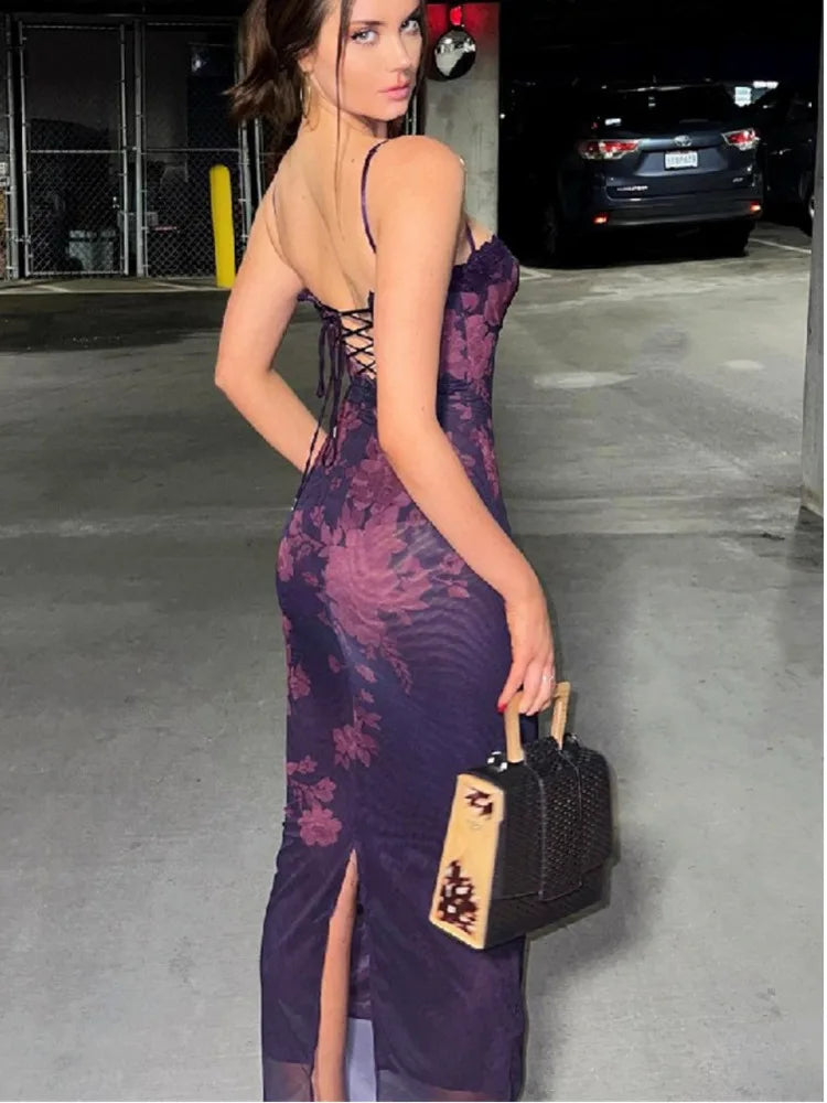 Printed Lace Edge Backless Maxi Dress VestiVogue