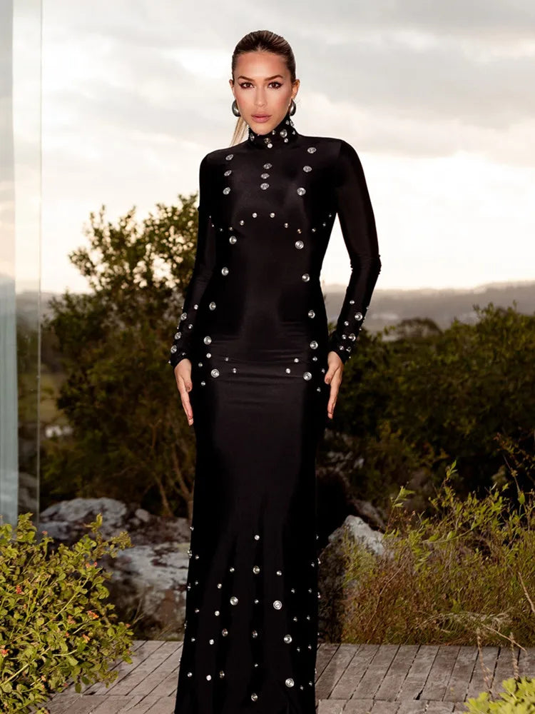 Elegant Long Sleeve Eyelet Maxi Dress in Black or White VestiVogue black L