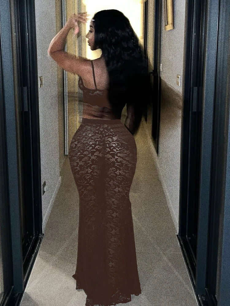 Luxe Lace 2-Piece Midriff Camisole and Long Skirt Set VestiVogue Coffee S