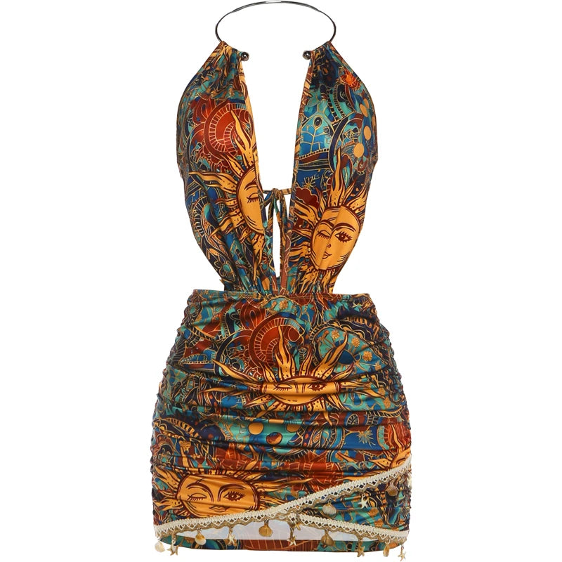 Backless Colourful Print Bodycon Dress with Metal Ring Halter and Sequin Tassel Hem