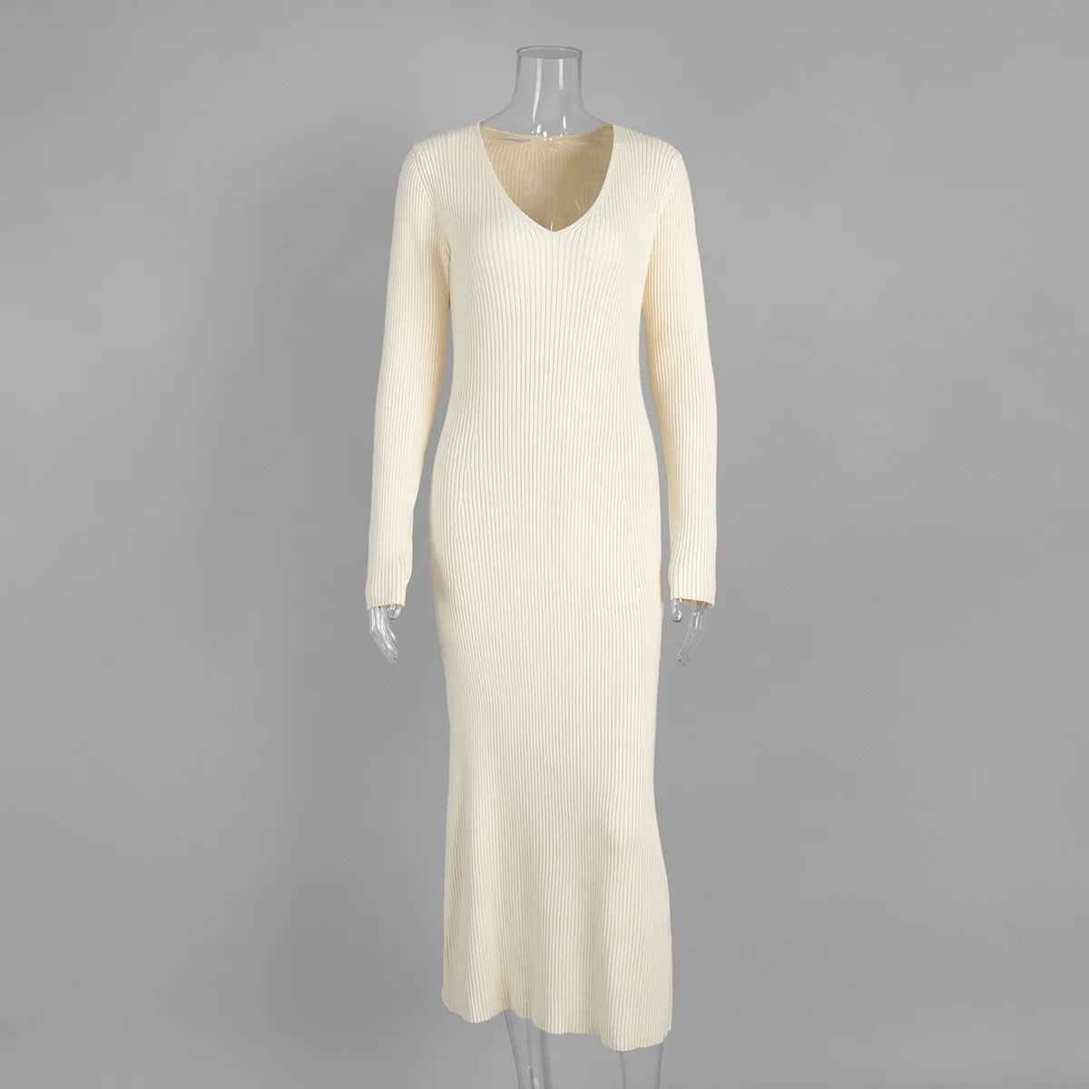 Elegant Long Sleeve V-Neck Knitted Maxi Dress VestiVogue Apricot 1992 S