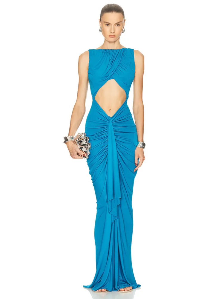 Lake Blue Ruched O-Neck Maxi Gown VestiVogue