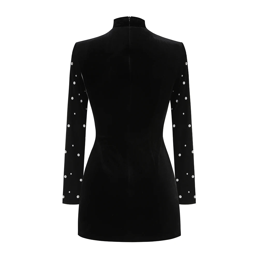 Black Velvet Pearl Beaded Mini Dress VestiVogue