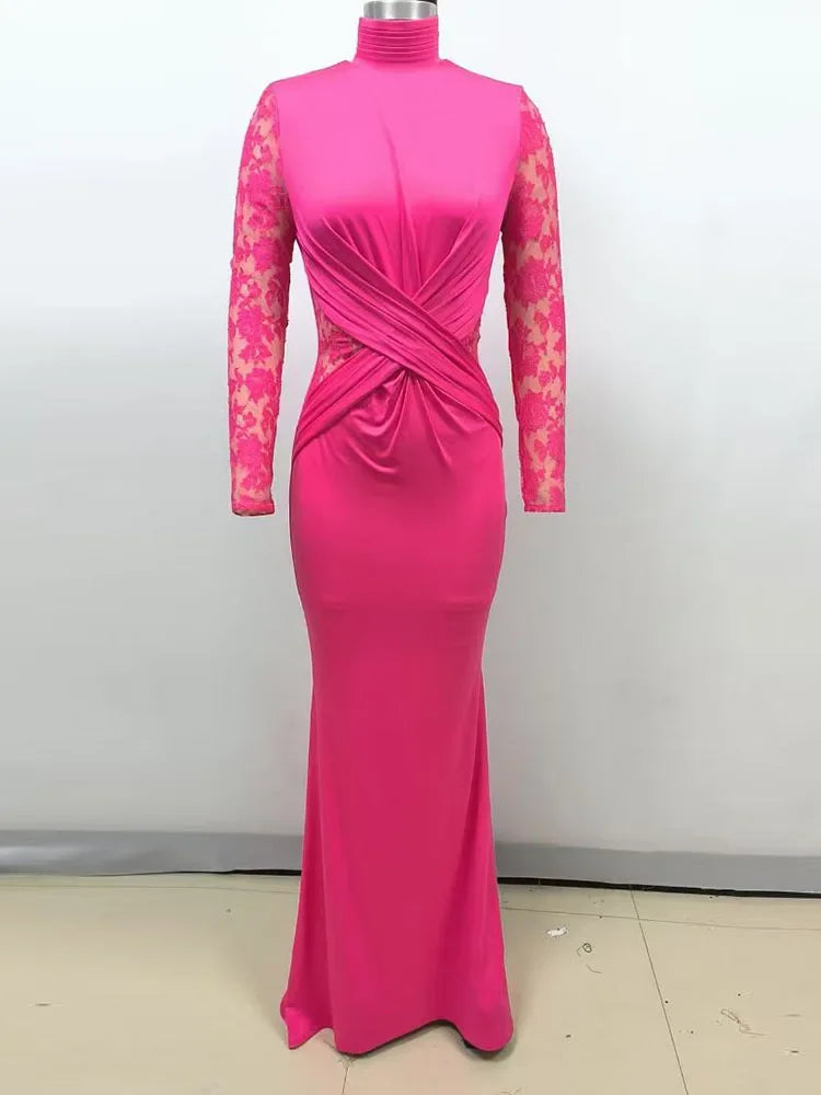 Rose Red Lace Patchwork Ruched Maxi Dress VestiVogue