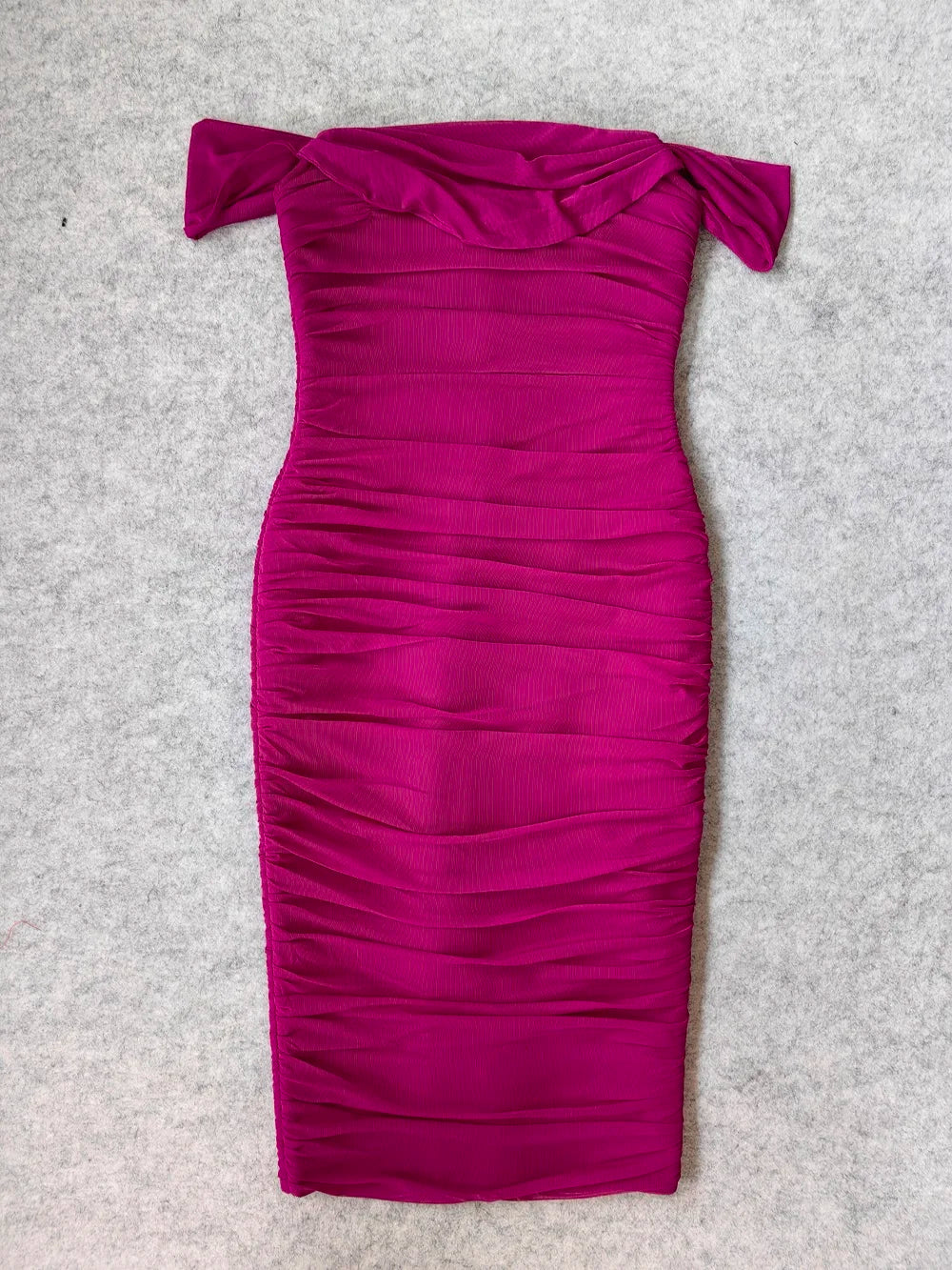 Draped Off-Shoulder Fuchsia Bandage Dress with Side Split VestiVogue
