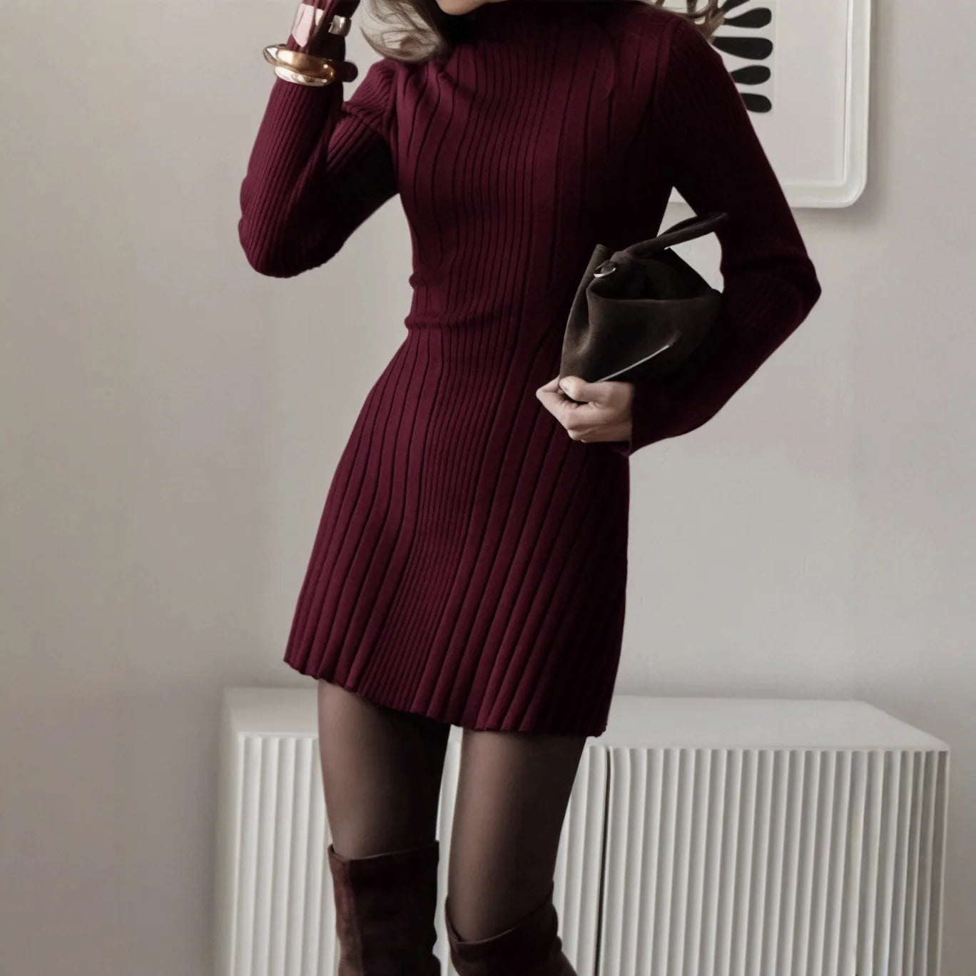 Elegant A-Line Knitted Dress with Semi-High Neck and Long Sleeves VestiVogue