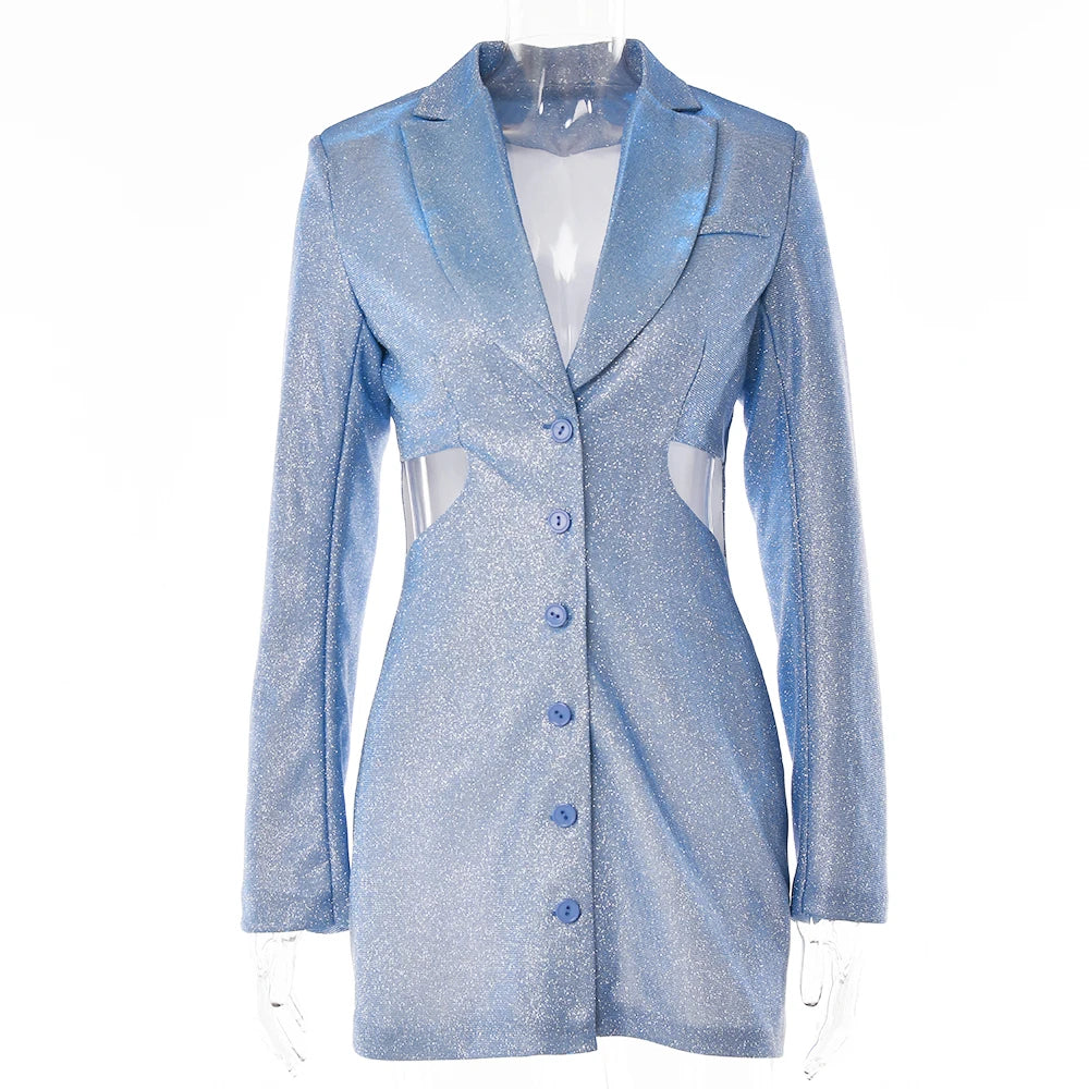 Shiny Blue Hollow Out Blazer Dress VestiVogue