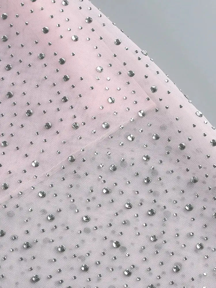 Pink Lace Mesh Midi Bodycon Dress with Beading VestiVogue