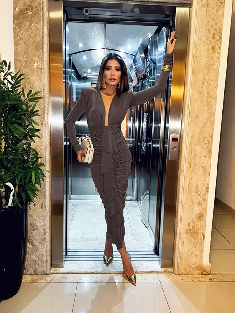 Ruched Deep V-Neck Ruffle Sleeve Midi Dress VestiVogue