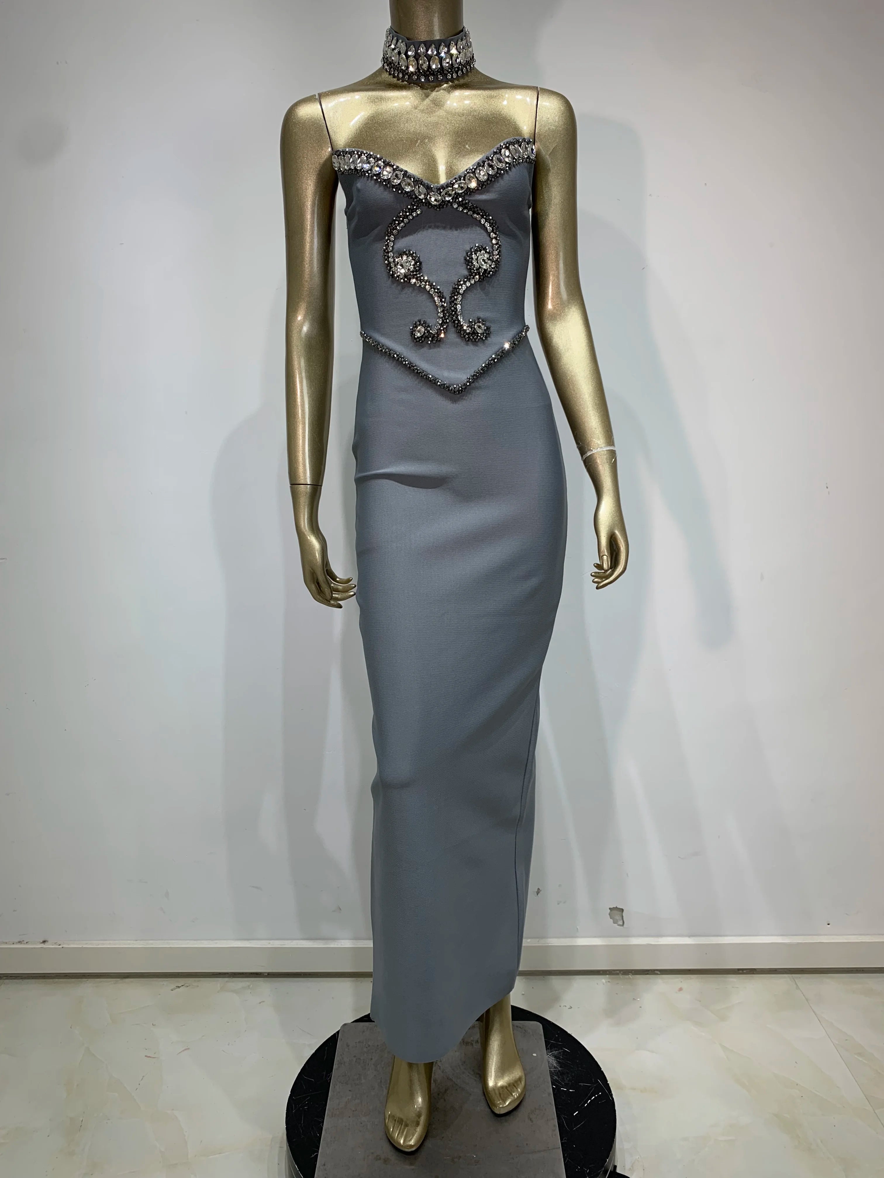 Beaded Grey Strapless Maxi Bodycon Dress VestiVogue